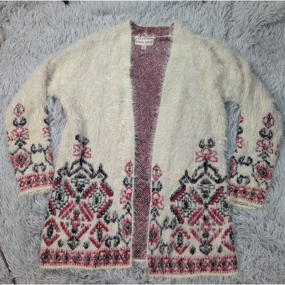 Knox Rose Sweater Womens XS Eyelash Cardigan Open Front Tribal Preppy Comfort